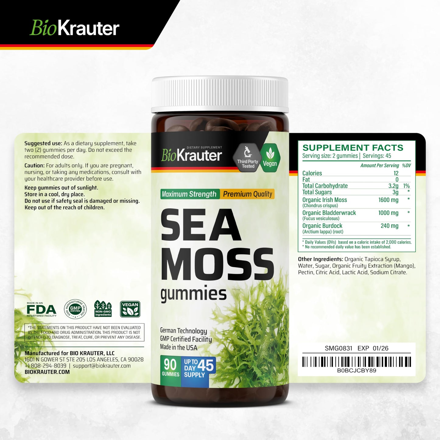 BIO KRAUTER® 3-in-1 Sea Moss for Thyroid Support - Vegan Sea Moss Gummies with Bladderwrack & Burdock Root for Women & Men - 90 Gummies Chondrus Crispus Formula, 45 Days of Supply, Mango Flavor BIO KRAUTERBuy Supplements Australia