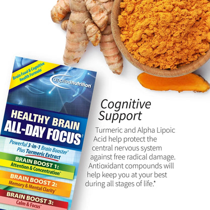 Applied Nutrition Healthy Brain All-Day Focus - 50 Tablets - Powerful 3-in-1 Brain Booster with Turmeric Extract - 25 Servings Applied NutritionBuy Supplements Australia
