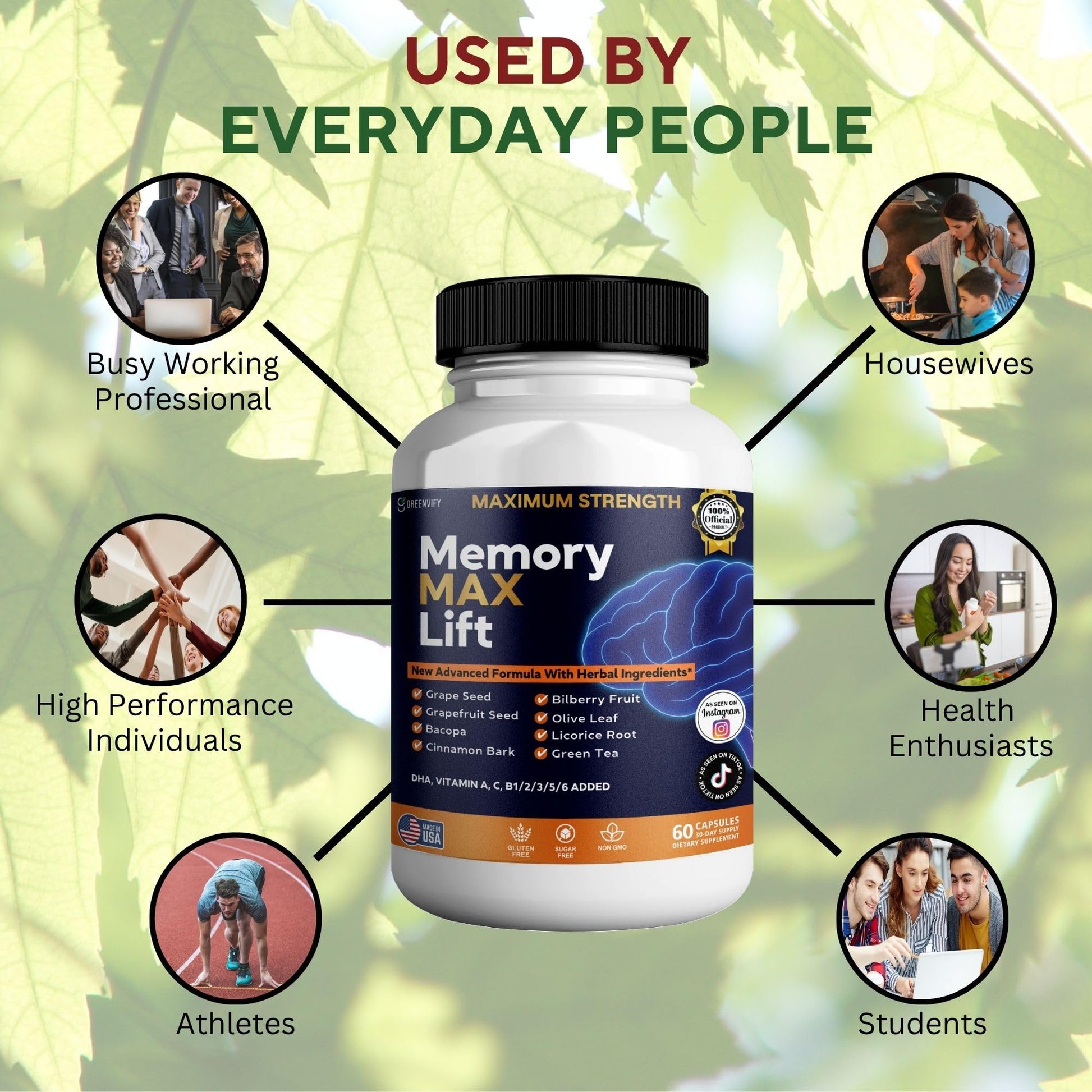 GREENVIFY Memory MAX Lift Brain Support Supplement, 60 Capsules, with Vitamins and Herbal Blend, 30 Day Supply (1) GREENVIFYBuy Supplements Australia