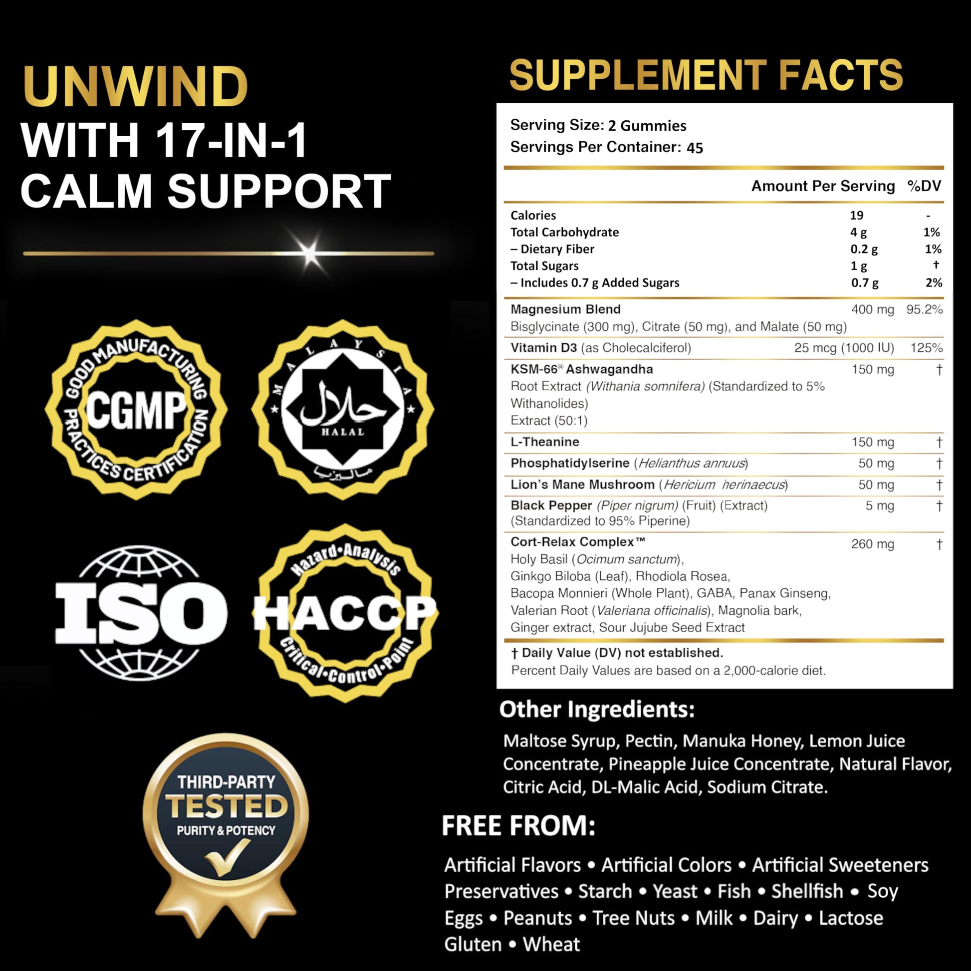 DLNIA Magnesium Glycinate Stress & Cortisol Support Gummies | Calm Focus by Day, Deep Sleep by Night | 17-in-1 with KSM-66® Ashwagandha, L-Theanine & Lion’s Mane DLNIABuy Supplements Australia