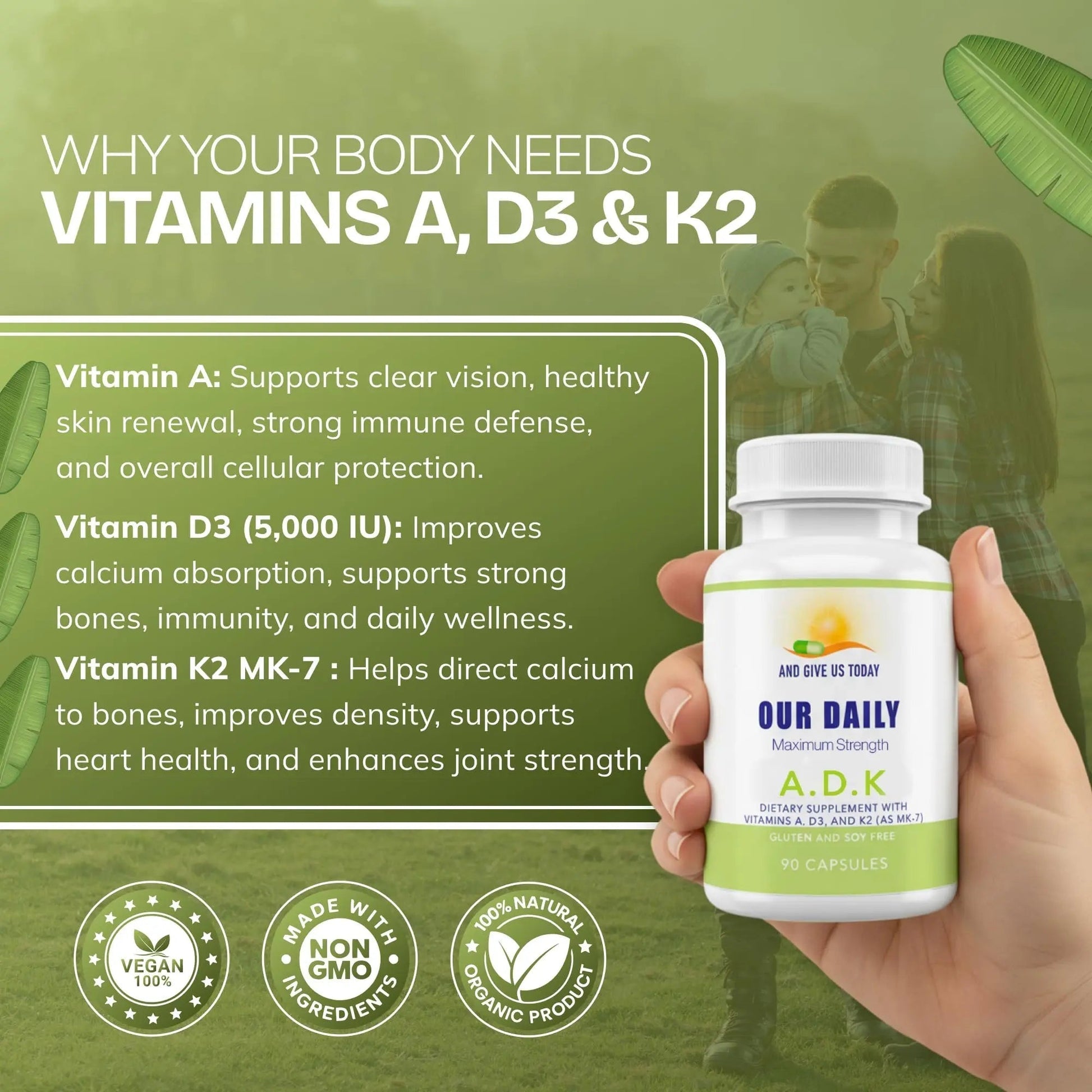 Daily Vites, ADK Vitamin Supplement 5000 IU, 90 Capsules - 3 Months Supply - High Potency Vitamin A, D3 & K2 (MK-7) - Physician Formulated ADK for Bone, Heart AND GIVE US TODAY OUR DAILYBuy Supplements Australia