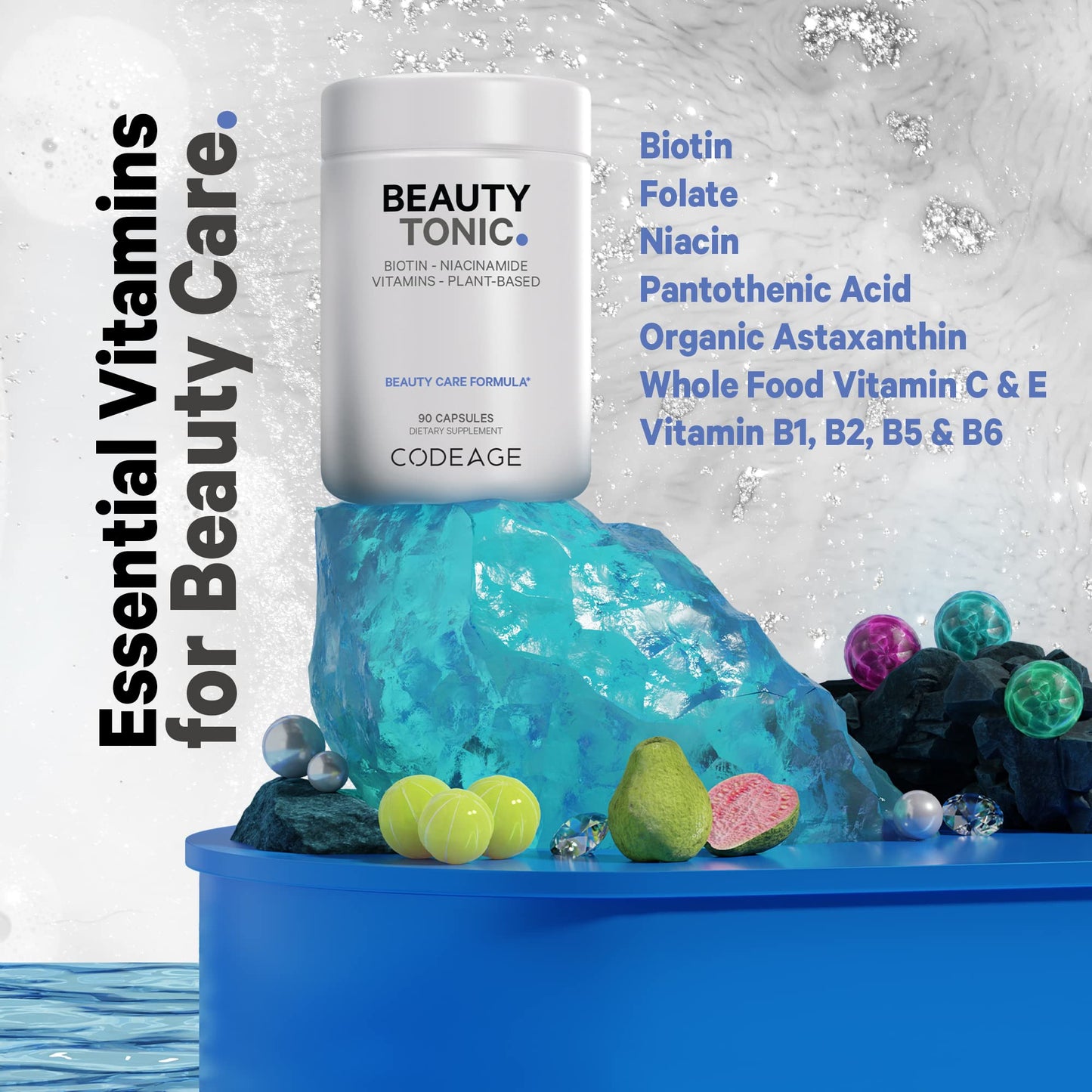 Codeage Biotin Supplement with Vitamin C, Vitamin E, Vitamin B6, Niacin, Folate, Organic Food Blend, Phytoceramides, Astaxanthin, Selenium - Beauty Tonic - Hair, Skin, and Nail Support - Vegan, 90 Ct CodeageBuy Supplements Australia