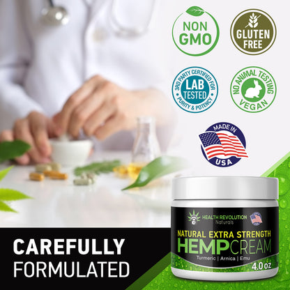 Health Revolution Hemp Arnica Cream Maximum Strength - Soothes Muscles, Joints, Feet, Nerve, Back, Knee, Hip, with Arnica, MSM, Emu, Turmeric - Expertly Formulated 4oz Health RevolutionBuy Supplements Australia