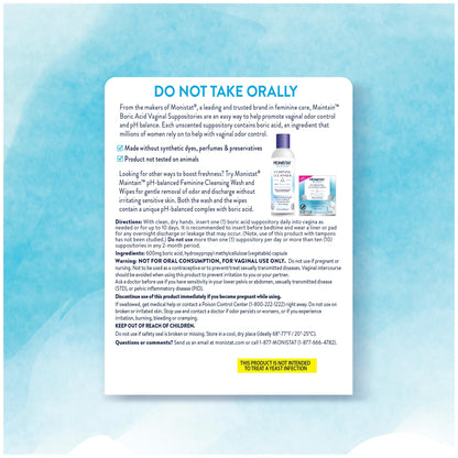 from The Makers of Monistat, Maintain Boric Acid Suppositories for Women, 600 Mg of Boric Acid, 30 Ct, 1 Pack MonistatBuy Supplements Australia