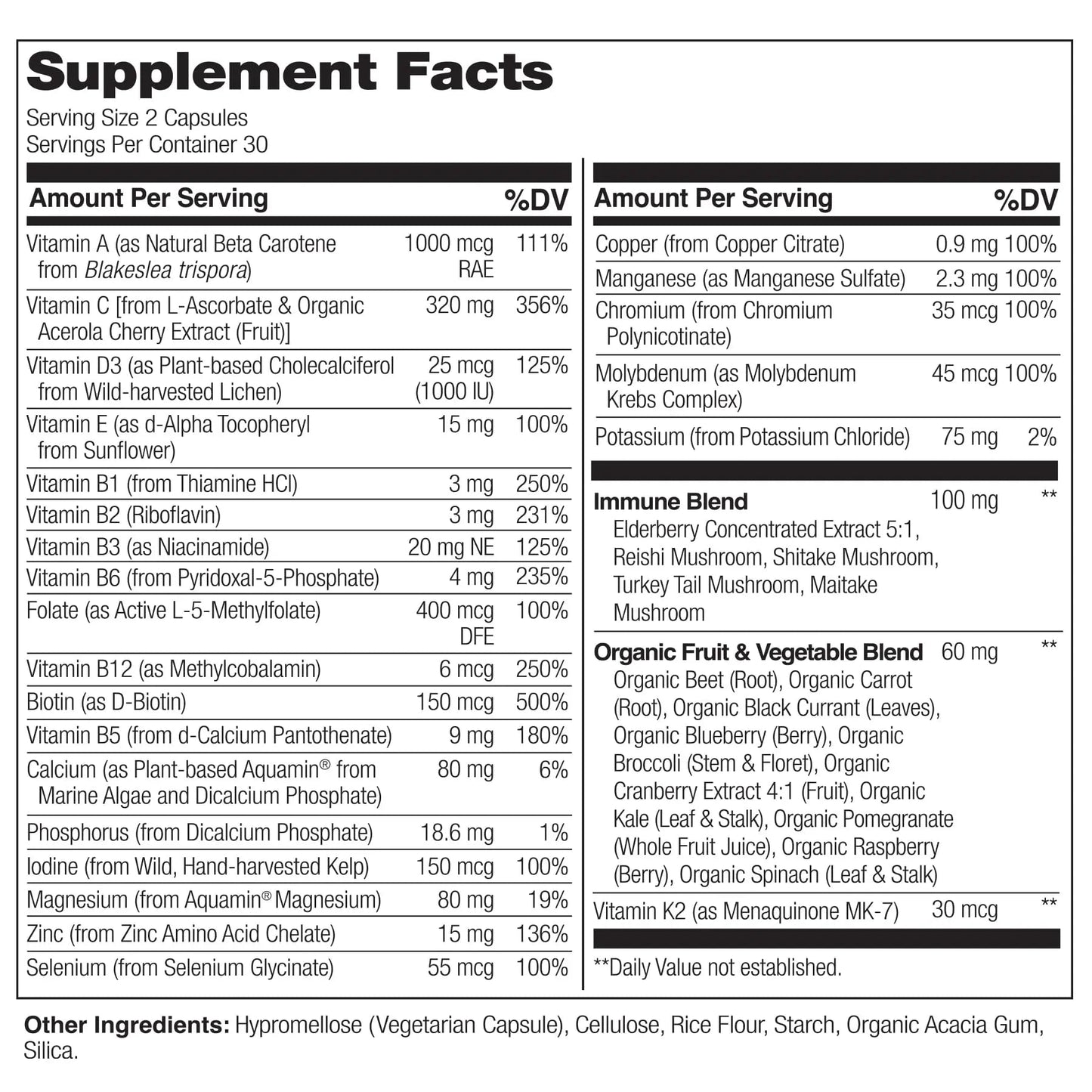 NATURELO Whole Food Multivitamin + Immune Blend with Elderberry & Mushrooms - Complete Multivitamin with Extra Immune Support NATURELO