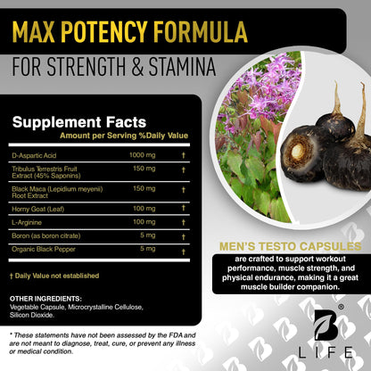 Testosterone Booster Supplement for Men | Boron supplement for men with Tribulus Terrestris, Black Maca, Horny Goat Weed, L-Arginine | Stamina, Endurance, Muscle growth & strength | 80 Servings B Life CompanyBuy Supplements Australia