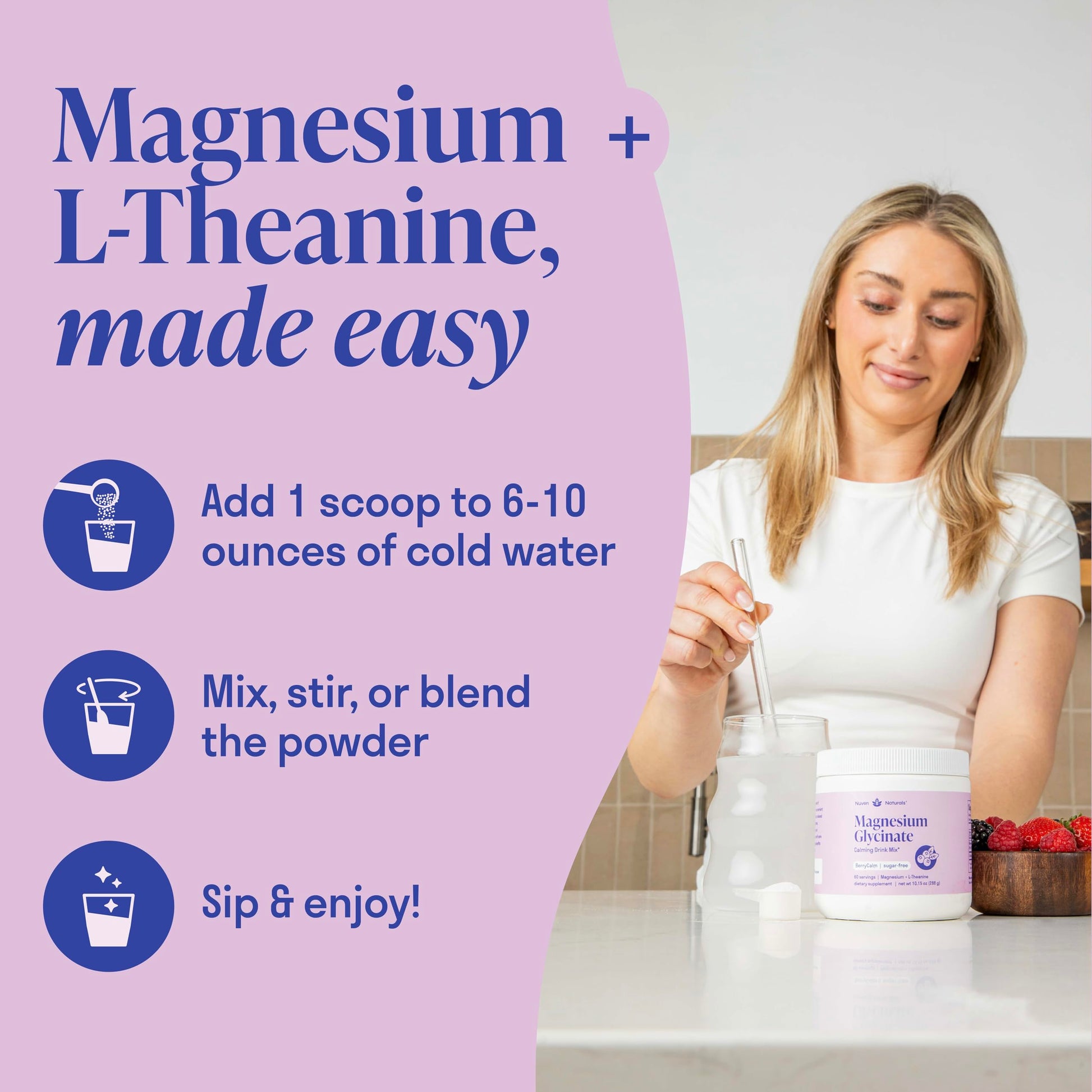 Magnesium Glycinate Powder + L-Theanine | 60 Servings | 300 mg per Scoop High Absorption Chelated Magnesium Powder for Sleep - Natural Mixed Berry Flavor, No Sugar, Support Restful Sleep & Relaxation Nuven NaturalsBuy Supplements Australia