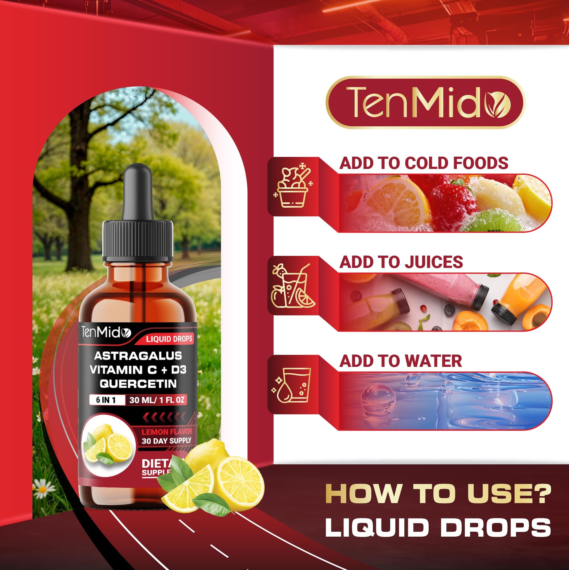Tenmido 6-in-1 Astragalus Root Tincture - Herbal Extract Supplements with Quercetin, Rhodiola Rosea, Vitamin D3, Vitamin C, and Zinc - Vegan, Non-GMO - 30ml 1 Fl Oz TenmidoBuy Supplements Australia