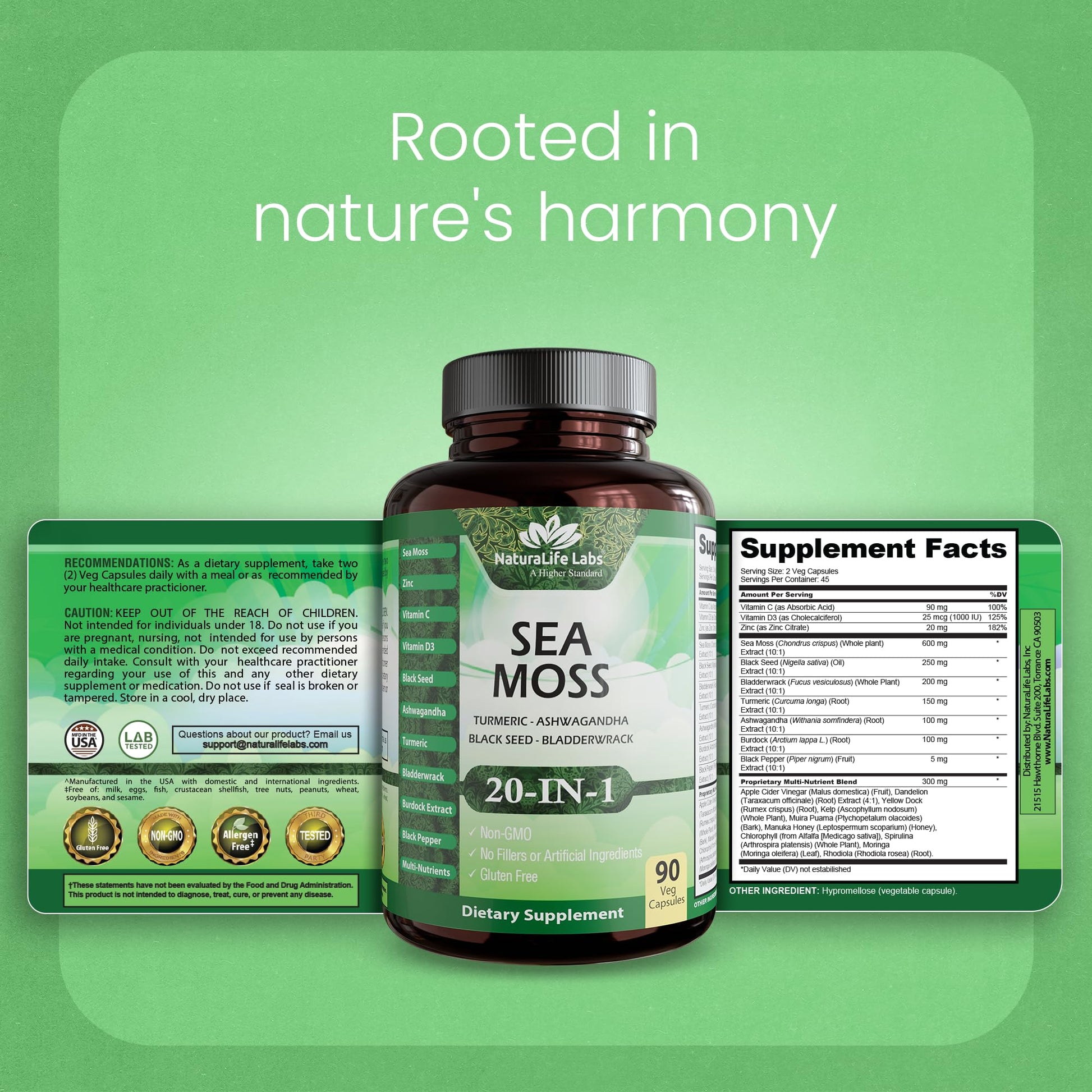 Sea Moss, Black Seed Oil, Bladderwrack, Turmeric, Ashwagandha, Burdock, Vitamin C, D3, Yellow Dock Root, Manuka, Dandelion - 90 Veggie caps NaturaLife LabsBuy Supplements Australia
