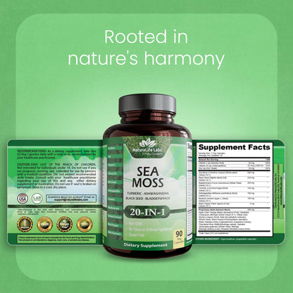 Sea Moss, Black Seed Oil, Bladderwrack, Turmeric, Ashwagandha, Burdock, Vitamin C, D3, Yellow Dock Root, Manuka, Dandelion - 90 Veggie caps NaturaLife LabsBuy Supplements Australia