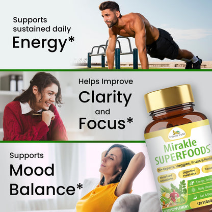 Organic Veda Mirakle Superfoods Greens Capsules - 30+ Daily Greens and Veggies Supplement with Moringa, Spirulina, Chlorella, Turmeric & Herbs, Antioxidants, Resveratrol, Probiotics - 120 Capsule Organic VedaBuy Supplements Australia