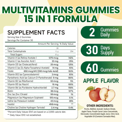 I LOVE HEALTH® 15-in-1 Multivitamin Gummies for Adults & Kids - Enhanced Formula with Vitamin A, C, D3, E, B12, Zinc, Magnesium & More I LOVE HEALTH