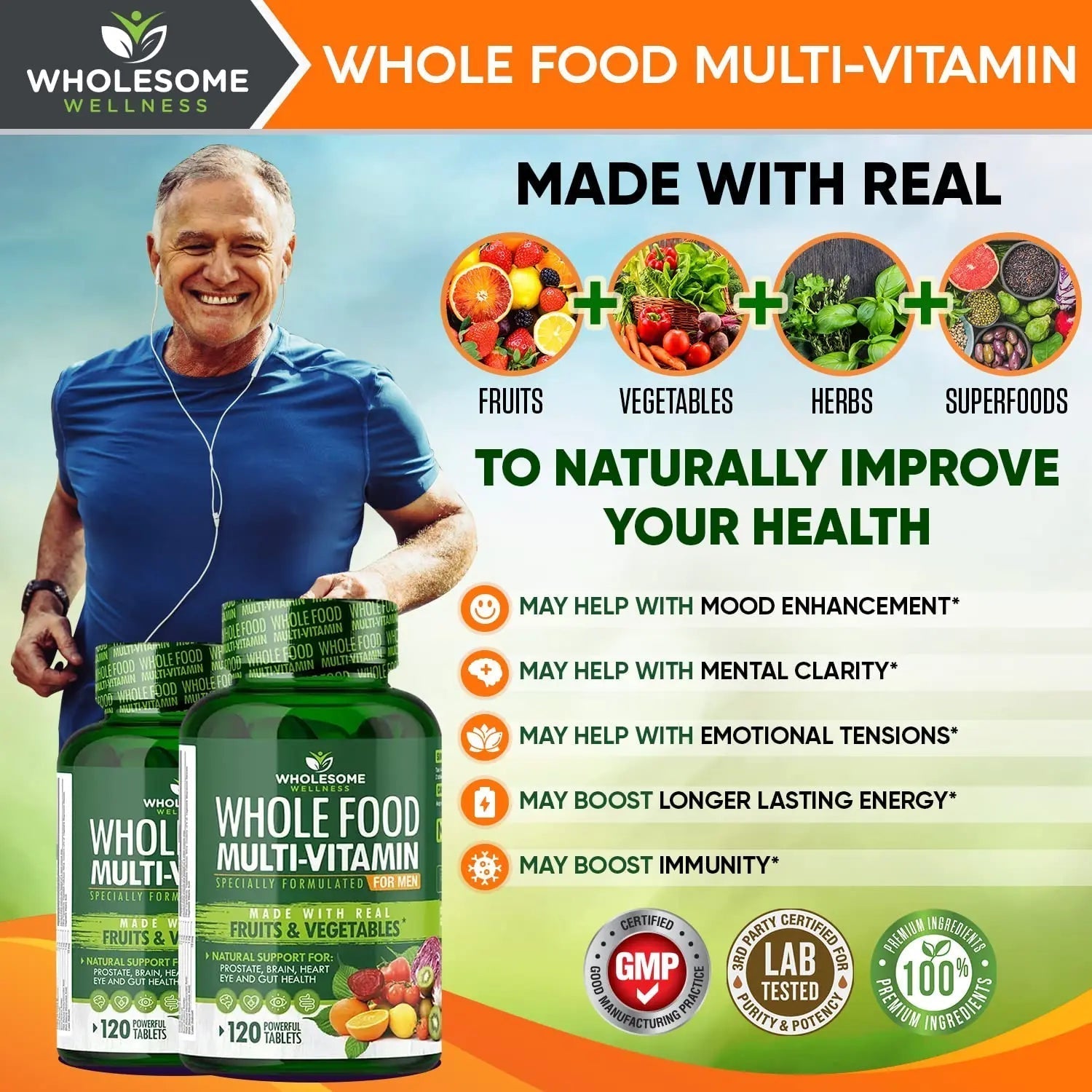Wholesome Wellness Whole Food Multivitamin for Men - Natural Multi Vitamins, Minerals, Organic Extracts - Vegan Vegetarian - 120 Tablets Wholesome Wellness