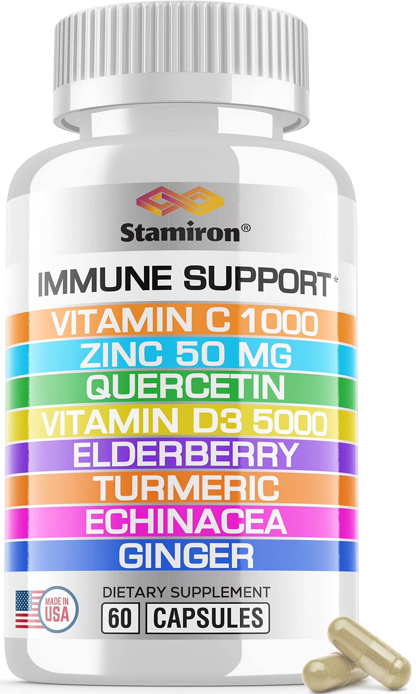 8 in 1 Immune Support with Quercetin Zinc 50mg Vitamin C 1000mg Vitamin D3 5000 IU and Elderberry Echinacea Ginger for Adults Kids - VIT D Supplement Veg Capsules StamironBuy Supplements Australia