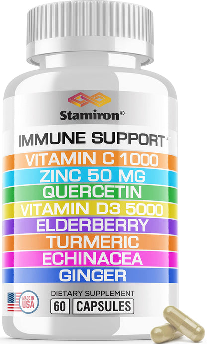 8 in 1 Immune Support with Quercetin Zinc 50mg Vitamin C 1000mg Vitamin D3 5000 IU and Elderberry Echinacea Ginger for Adults Kids - VIT D Supplement Veg Capsules StamironBuy Supplements Australia