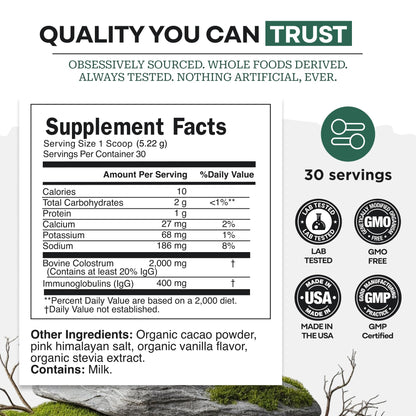 Colostrum Supplement - Grass Fed Pure Bovine Colostrum Powder - 2000mg & 400mg IgG (calostro bovino) - Gut, Immunity, Skin, Hair Support - Sugar Free, Natural Cacao Flavour, 30 Servings Wild FoodsBuy Supplements Australia