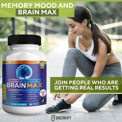 Memory, Mood & Brain Max Extra Strength Supplement with Herbal Ingredients, 60 Capsules, DHA, Vitamins, Bacopa, Green Tea (1) GREENVIFYBuy Supplements Australia
