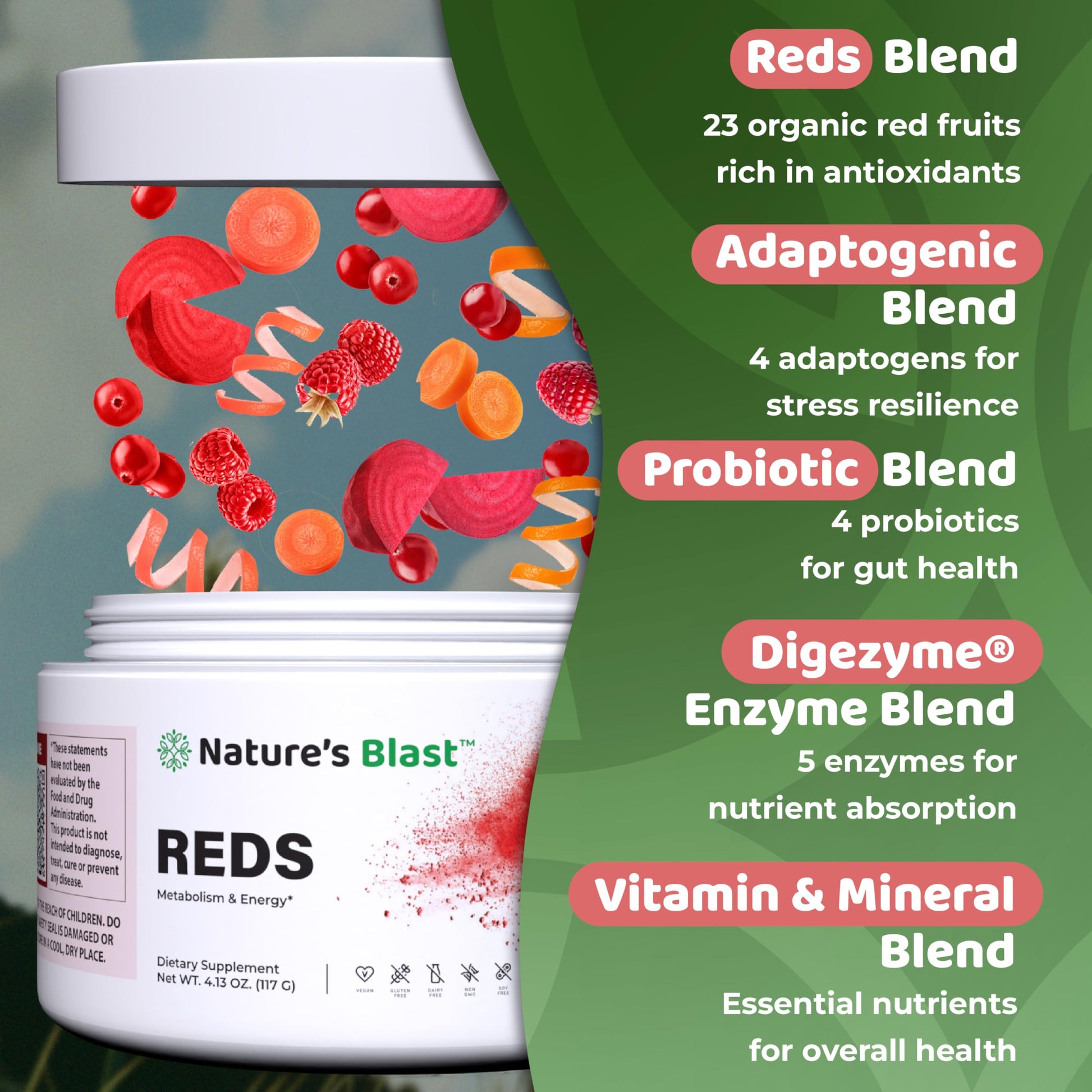 NATURES BLAST Reds - Metabolism and Energy Superfood Powder with 23 Red Fruits, 4 Adaptogens, Probiotics & Enzymes - Vegan Antioxidant Blend, 1 Bottle NATURES BLASTBuy Supplements Australia