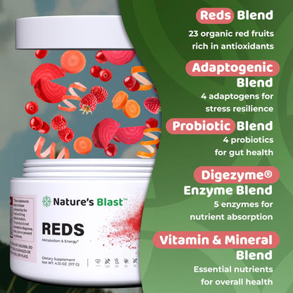 NATURES BLAST Reds - Metabolism and Energy Superfood Powder with 23 Red Fruits, 4 Adaptogens, Probiotics & Enzymes - Vegan Antioxidant Blend, 1 Bottle NATURES BLASTBuy Supplements Australia