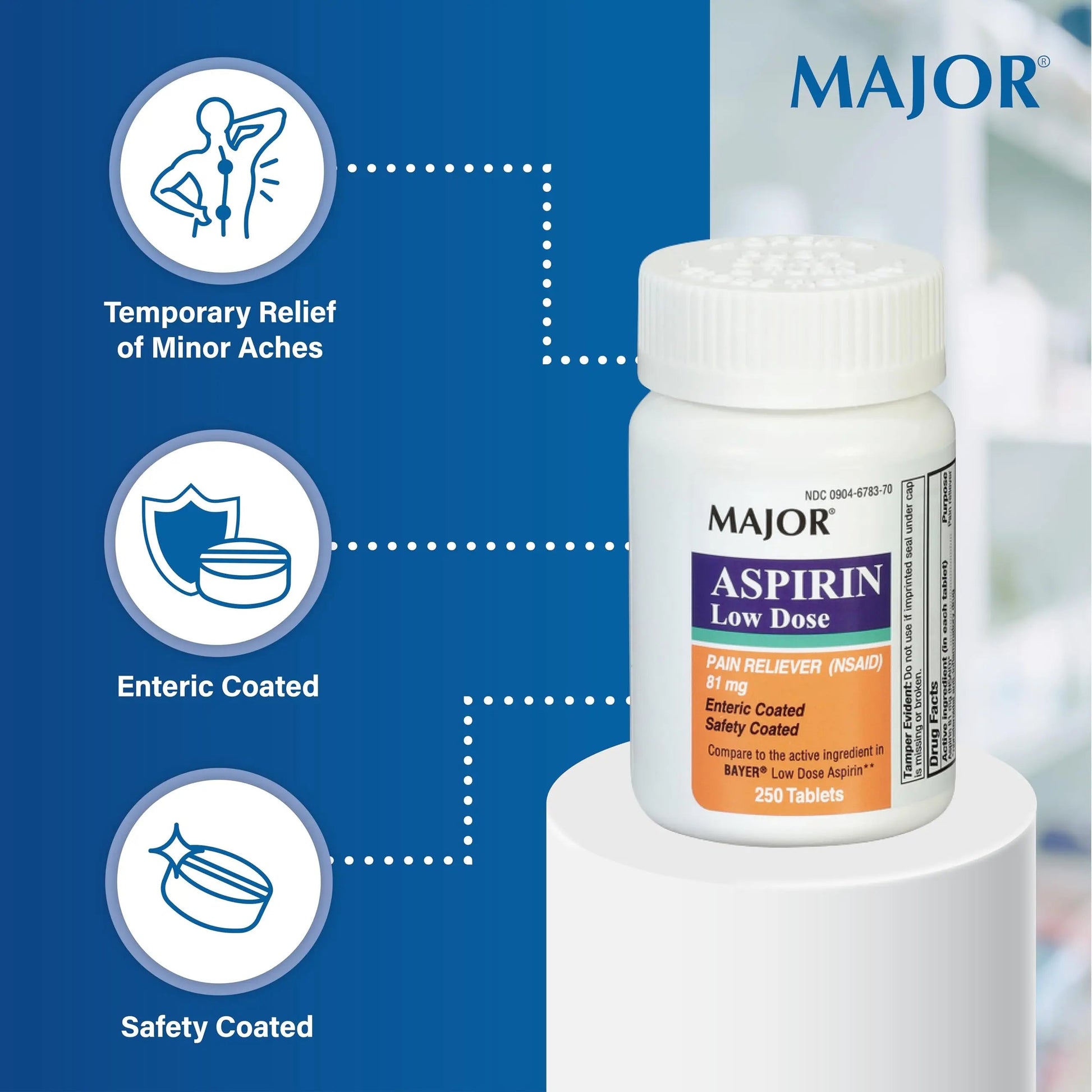 MAJOR Aspirin Low Dose 81 Mg - Pain Reliever (NSAID) - Enteric Coated - 250 Tablets MAJORBuy Supplements Australia