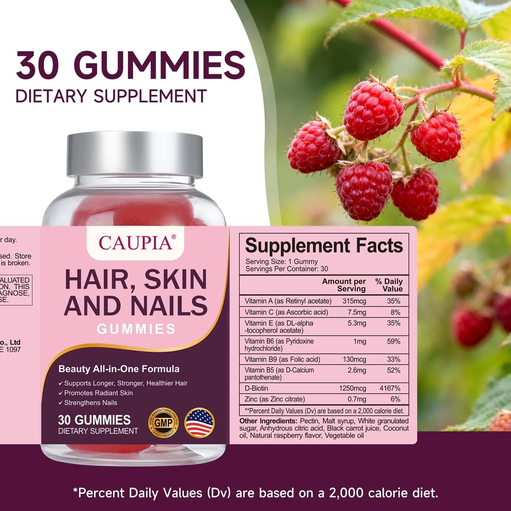 CAUPIA Hair Skin and Nails Gummies, All-in-One Advanced Formula Supports Hair Growth - Skin Health & Nail Strength - 30 Gummies CAUPIABuy Supplements Australia