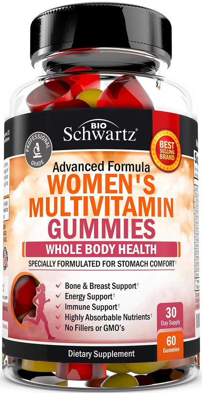 Women's Multivitamin Gummies with Vitamin A C B6 B12 D & E Vitamins for Immune Support - Gummy Multivitamin for Women BioSchwartz