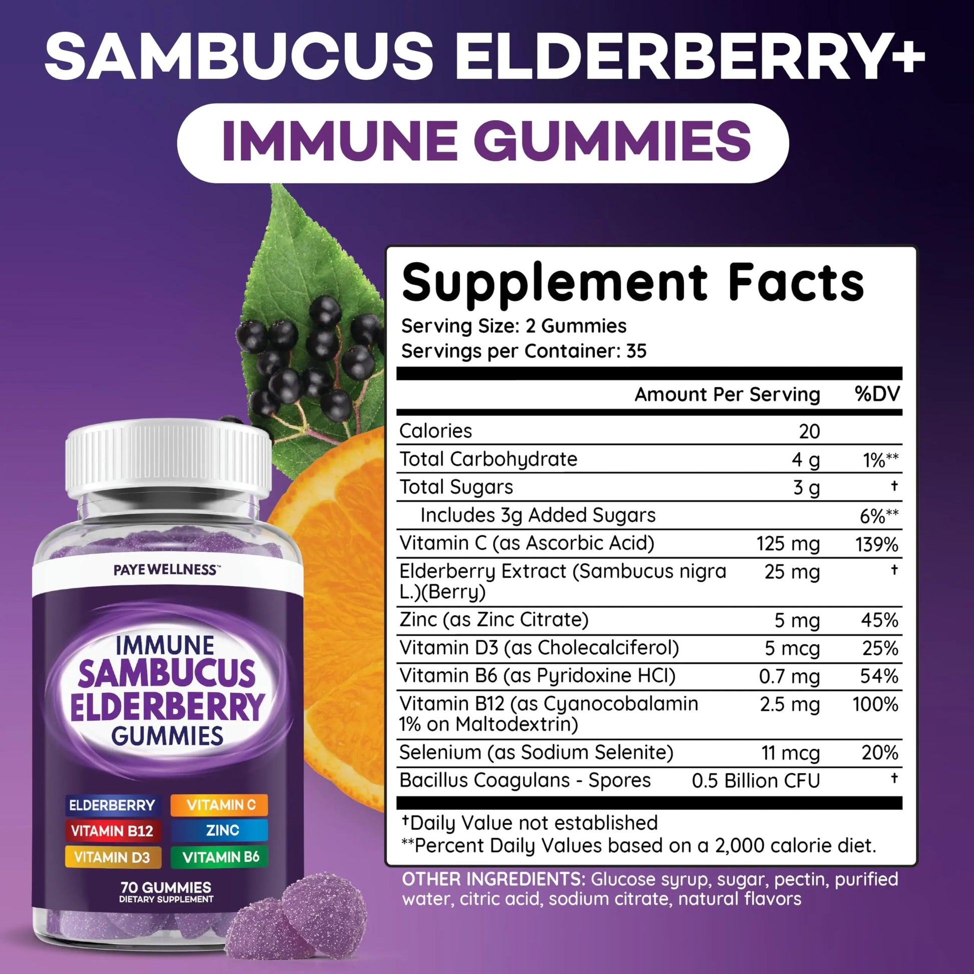 Elderberry Gummies Immune Support, Daily Support for Kids and Adults*, with Sambucus Elderberry, Zinc, Vitamin C, D3, B6, B12, Plus PAYÉBuy Supplements Australia