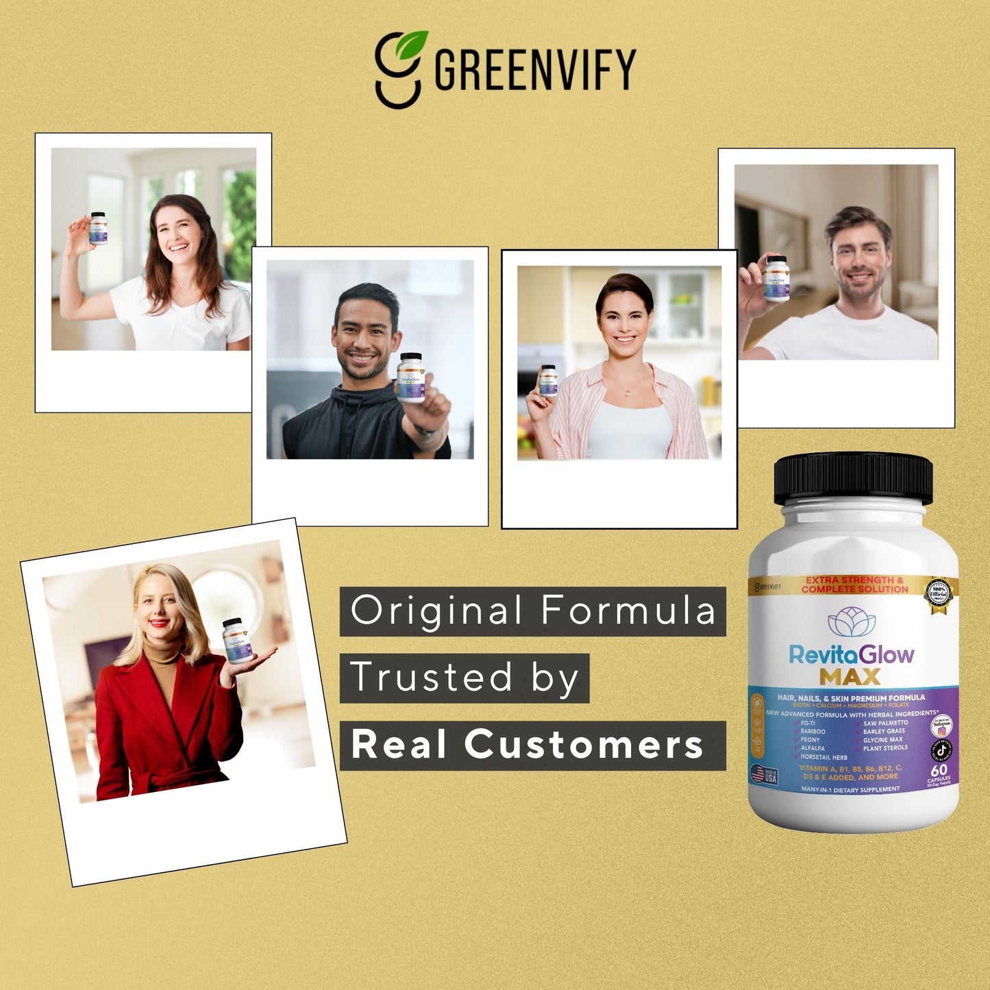GREENVIFY RevitaGlow Max Hair, Nails & Skin Premium Formula, 60 Capsules, 30-Day Supply, with Biotin, Vitamins A, B1, B5, B6, B12, C, D3, E (1) GREENVIFYBuy Supplements Australia