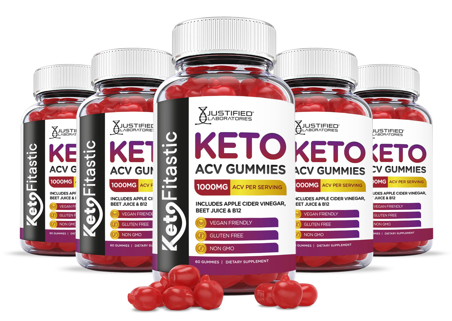 Justified Laboratories (5 Pack) Ketofitastic Keto Gummies 1000MG ACV with Pomegranate 