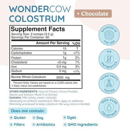 WONDERCOW Colostrum Supplement Powder for Gut Health, Immune Support & Wellness | Natural IgG Pure Whole Bovine Colostrum Superfood, Chocolate, 60 Servings WONDERCOWBuy Supplements Australia