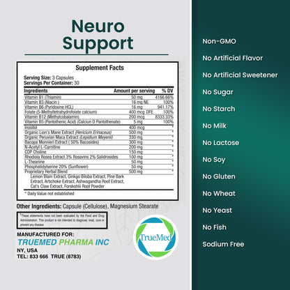 TrueMed Neuro Support - Premium Nootropic Supplement for Focus, Energy, Mental Clarity, and Performance Organic Lion’s Mane, Bacopa Monnieri, Rhodiola, Non-GMO Gluten-Free CDP Choline 90 Veg Capsules TRUEMEDBuy Supplements Australia
