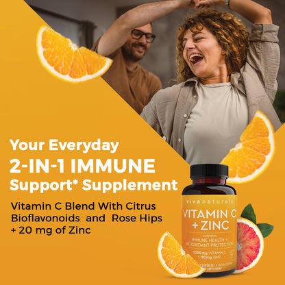 Viva Naturals Vitamin C and Zinc Supplement (250 Capsules) - 1000 mg Vitamin C with Zinc 20 mg Antioxidant Supplements for Immune Support, Vitamin Supplement for Adults Viva NaturalsBuy Supplements Australia