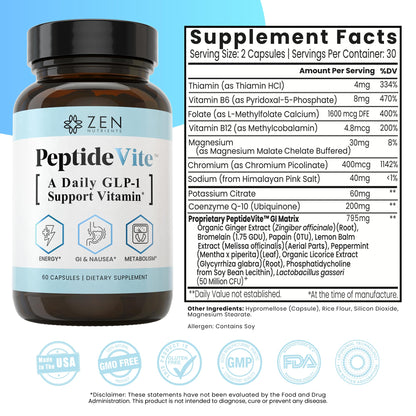 Zen Nutrients PeptideVite GLP-1 Support Vitamin for Gut Health with Probiotics, Bromelain, Chromium Picolinate & Organic Ginger (60 Capsules) Zen NutrientsBuy Supplements Australia