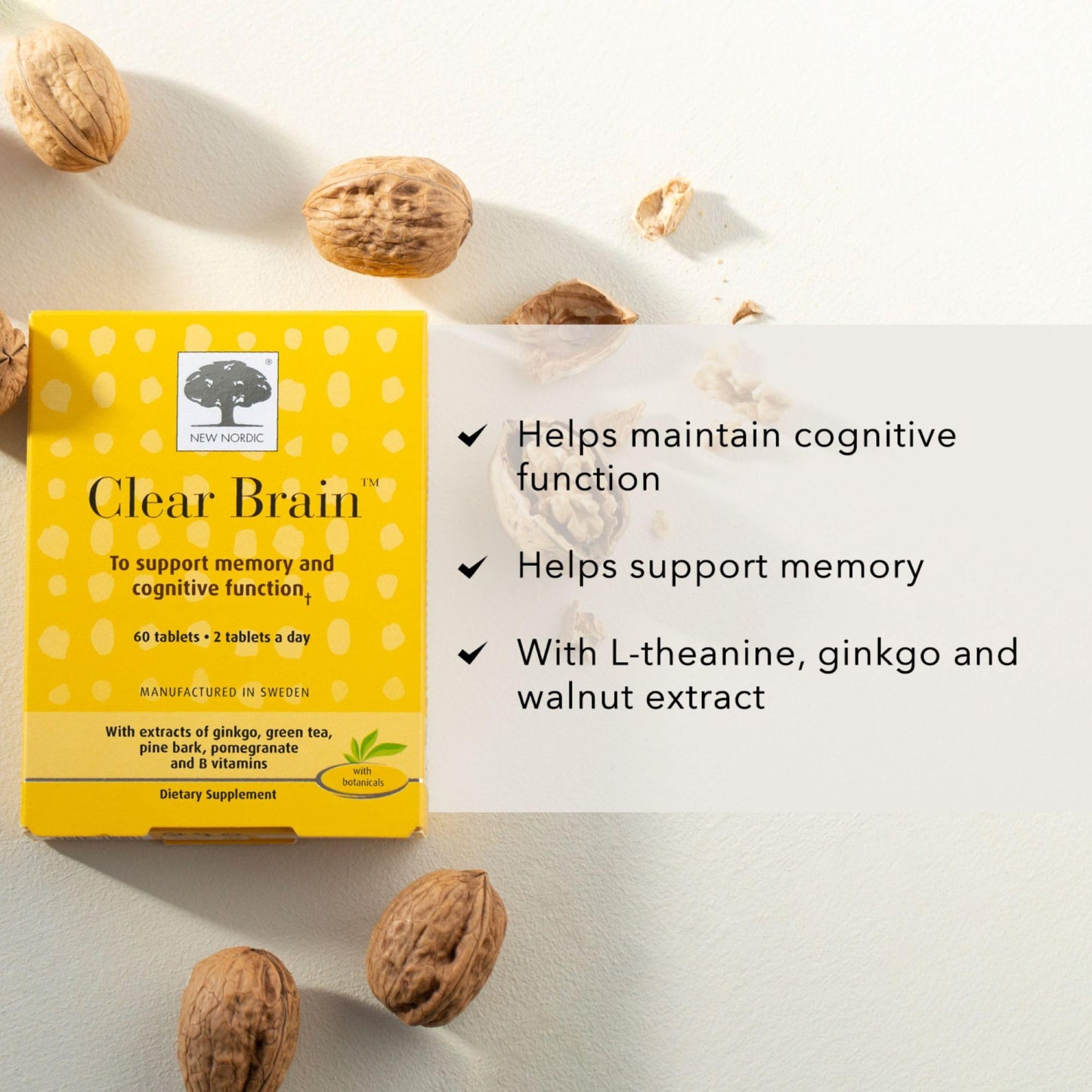 New Nordic Clear Brain Tablets, Supports Normal Cognitive Health and Memory, with Green Tea and Walnut, Swedish Made, 60 Count (Pack of 1) NEW NORDICBuy Supplements Australia