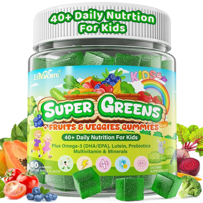 Kids Super Greens Gummies, w/Multivitamins, Spirulina, Chlorella, Spinach, Broccoli, Calcium, Omega-3 (DHA/EPA) EnvyCure