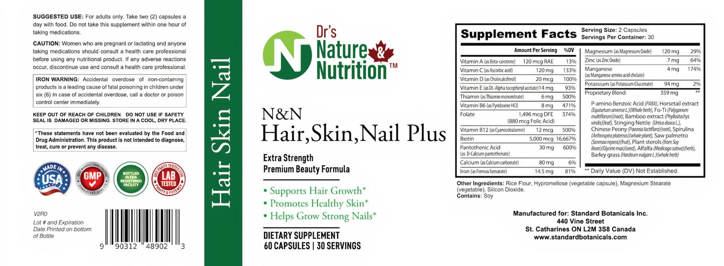 Dr's Nature & Nutrition Hair, Skin & Nail Plus Vitamin Supplement with Biotin 5000mcg, Bamboo Extract, Collagen Support - Extra Strength Beauty Supplement for Men and Women - 60 Capsules Dr's Nature & NutritionBuy Supplements Australia