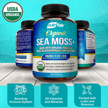 NutriFlair Organic Sea Moss 1600mg, 120 Capsules Plus Bladderwrack & Burdock - Prebiotic Super Food - Immune System & Digestive Health - Thyroid, Healthy Skin, Keto Detox, Gut NutriFlairBuy Supplements Australia