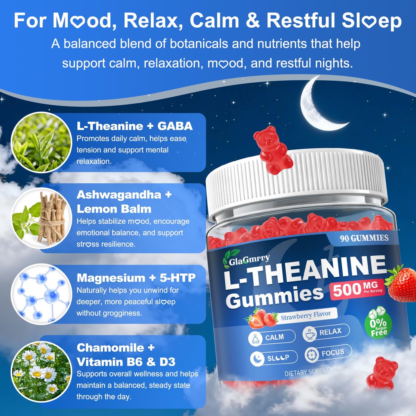GlaGmrry 180 Count | L Theanine Gummies, L Theanine Supplement for Adults & Kids, w/Ashwagandha, Magnesium, GABA & 5-HTP, Sugar Free Liposomal Formula for Calm Relax zzZ M♡♡d & Focus, Vegan GlaGmrryBuy Supplements Australia