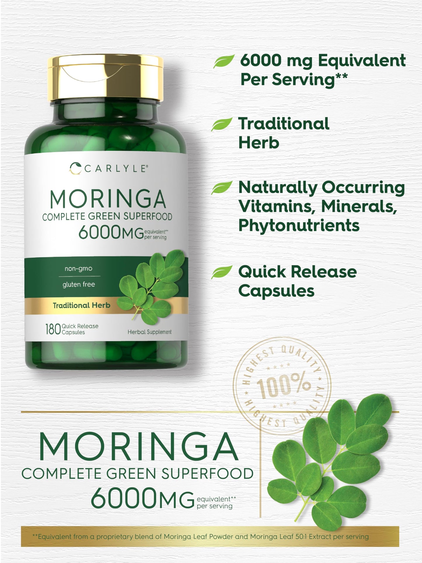 Carlyle Moringa Oleifera Supplement | 180 Capsules | Complete Green Superfood for Women and Men | Non-GMO and Gluten Free