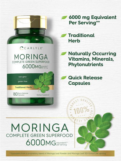 Carlyle Moringa Oleifera Supplement | 180 Capsules | Complete Green Superfood for Women and Men | Non-GMO and Gluten Free