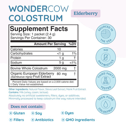 WONDERCOW Colostrum Supplement Powder for Gut Health, Immune Support & Wellness | Natural IgG Pure Whole Bovine Colostrum Superfood, Elderberry, 30 Servings WONDERCOWBuy Supplements Australia