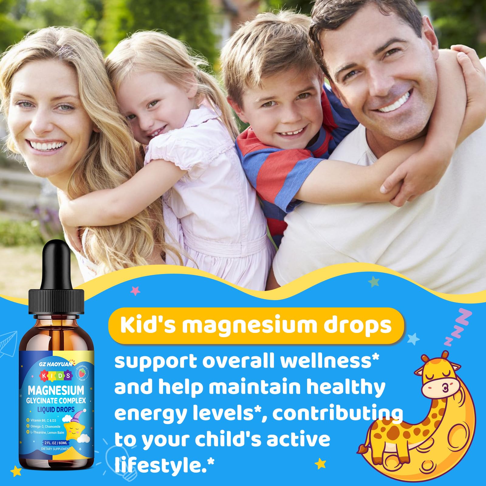 Kids Magnesium Glycinate Liquid Drops‌ – with L-Theanine, Omega-3, Vitamins B6 & D3, Zinc & Calcium – for Sleep Support, Relaxation, Focus & Brain, Bones – Strawberry Flavor, 2 Fl Oz GZ HAOYUANBuy Supplements Australia