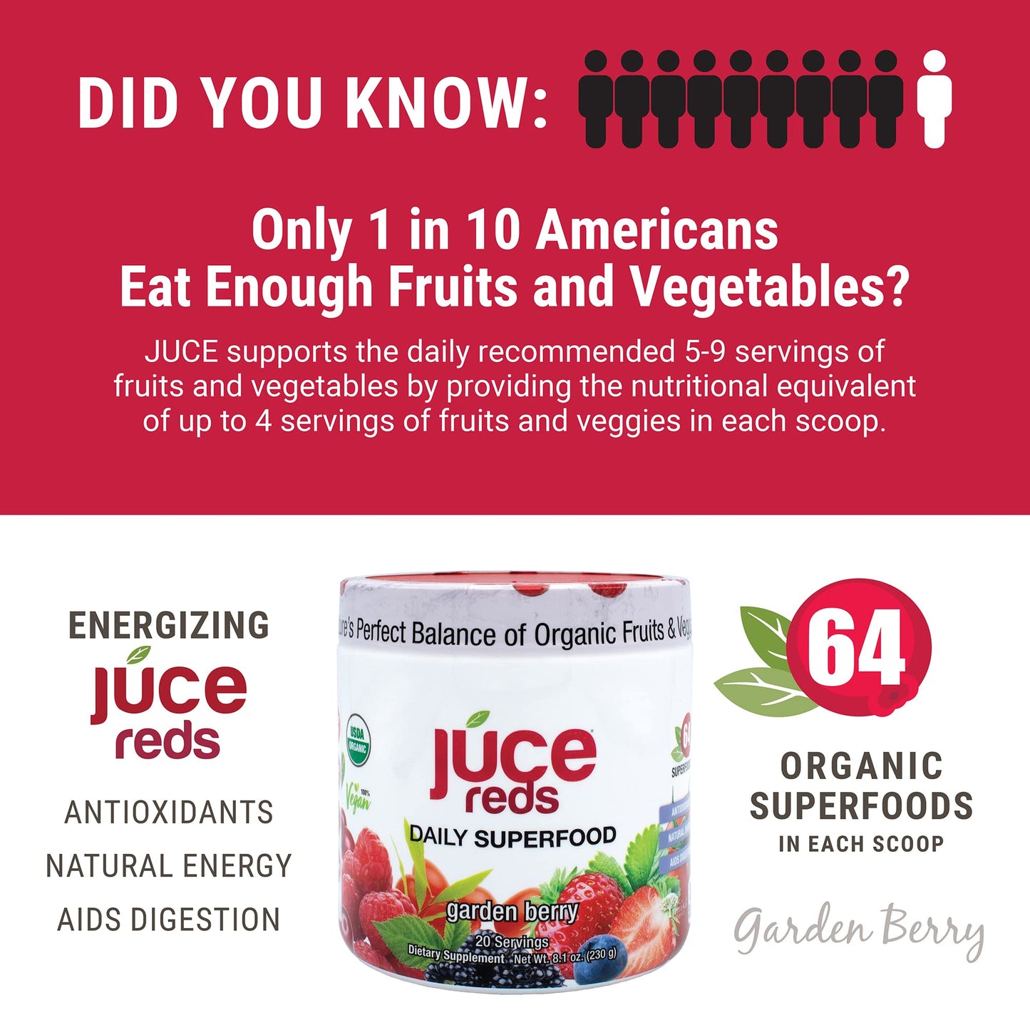 Terra Kai Organics JUCE Reds Organic Superfood Powder - Garden Berry Flavor | Fruit & Veggie Powder for Everyone w/64 Immune Boosting Superfood Plus Probiotics for Gut Health | 20 Servings (230g) Terra Kai OrganicsBuy Supplements Australia
