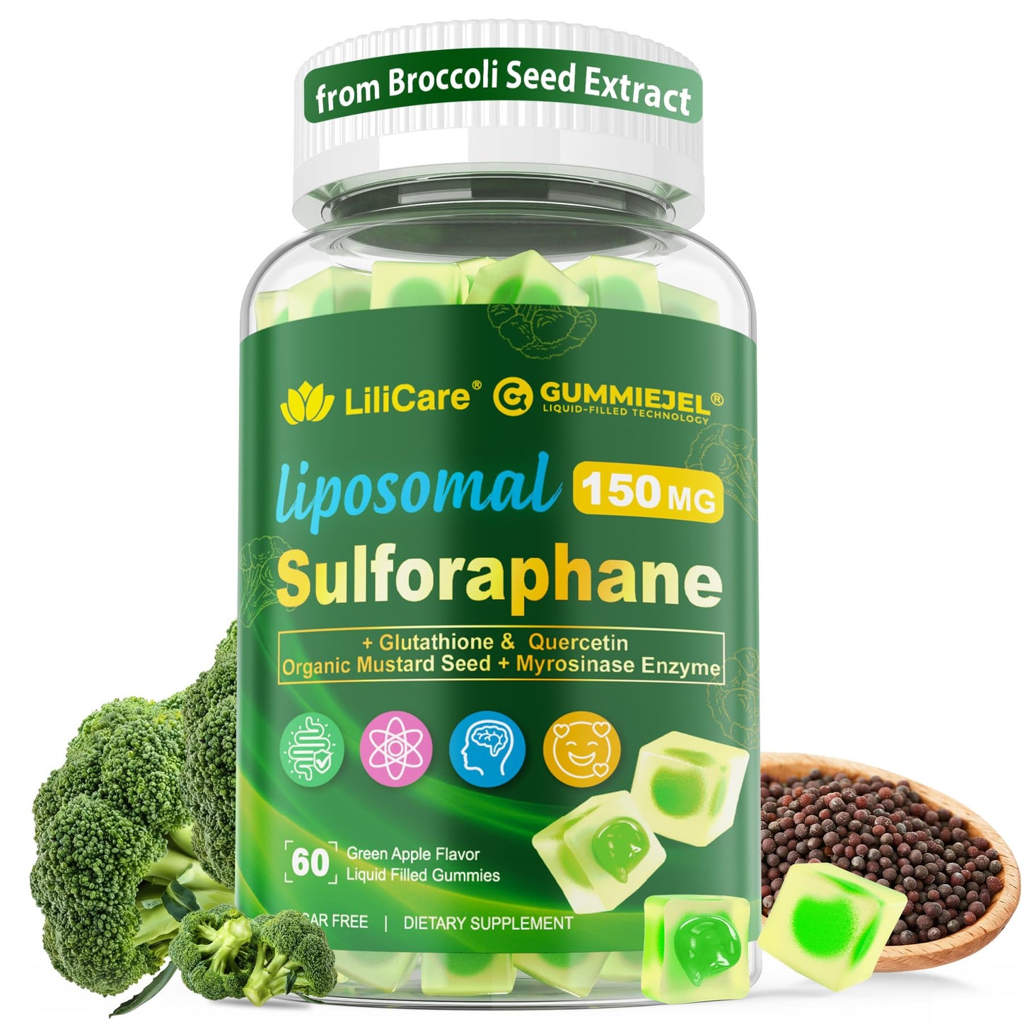 Liposomal Sulforaphane Supplement 150mg, from Broccoli Seed Extract w/Myrosinase, Quercetin, Glutathione, Sulforaphane Supplement Gummies for Antioxidants Detox Cellular Brain Health, Chewable 60Cts LILICAREBuy Supplements Australia