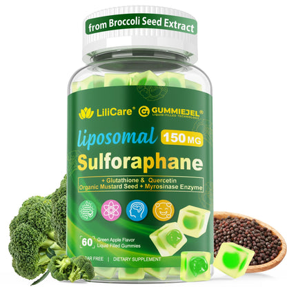 Liposomal Sulforaphane Supplement 150mg, from Broccoli Seed Extract w/Myrosinase, Quercetin, Glutathione, Sulforaphane Supplement Gummies for Antioxidants Detox Cellular Brain Health, Chewable 60Cts LILICAREBuy Supplements Australia