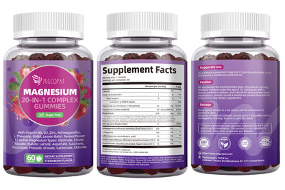 Migcopat Magnesium Complex Gummies, 20 in 1 Magnesium Gummy with Glycinate Citrate Malate Taurate - Ashwagandha, L-Theanine, D3&Zinc for Relaxation,