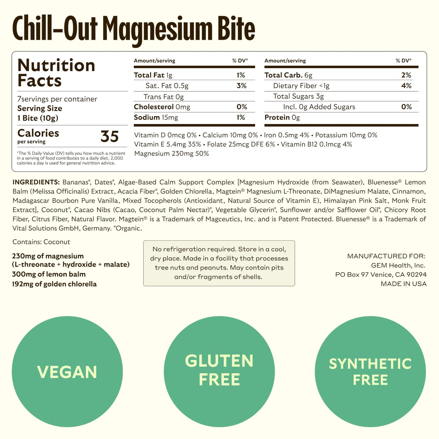 GEM Calm Bite | Supports Calm Mind & Clarity | Magnesium L-Threonate, Golden Chlorella, Lemon Balm | Holistic Non-Habit Forming | Gluten Free, Soy Free, Banana Cinnamon (7 Count) GEMBuy Supplements Australia