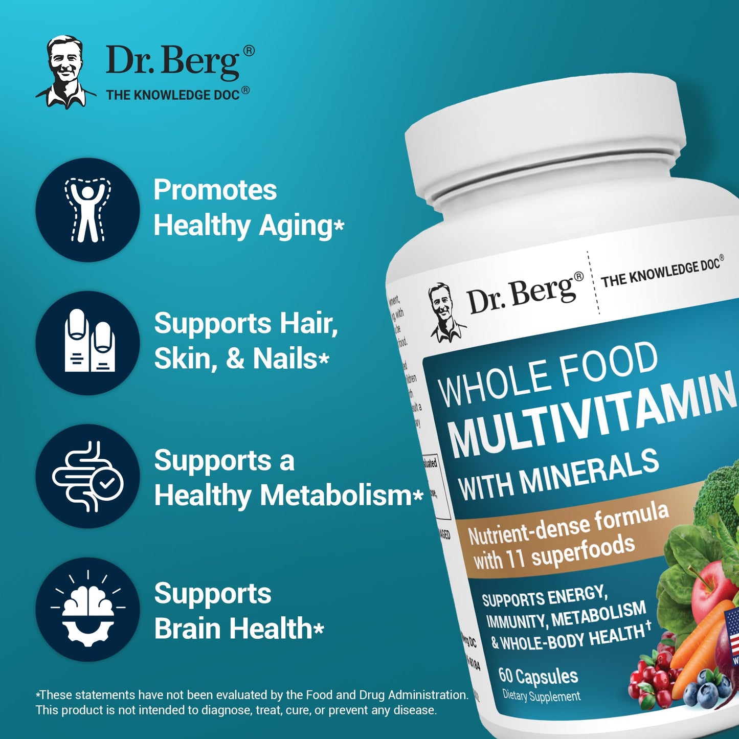 Dr. Berg Whole Food Multivitamin with Minerals - Daily Multivitamin for Men and Women - Includes Premium Whole Food Fruits and Vegetable Blend with Folate