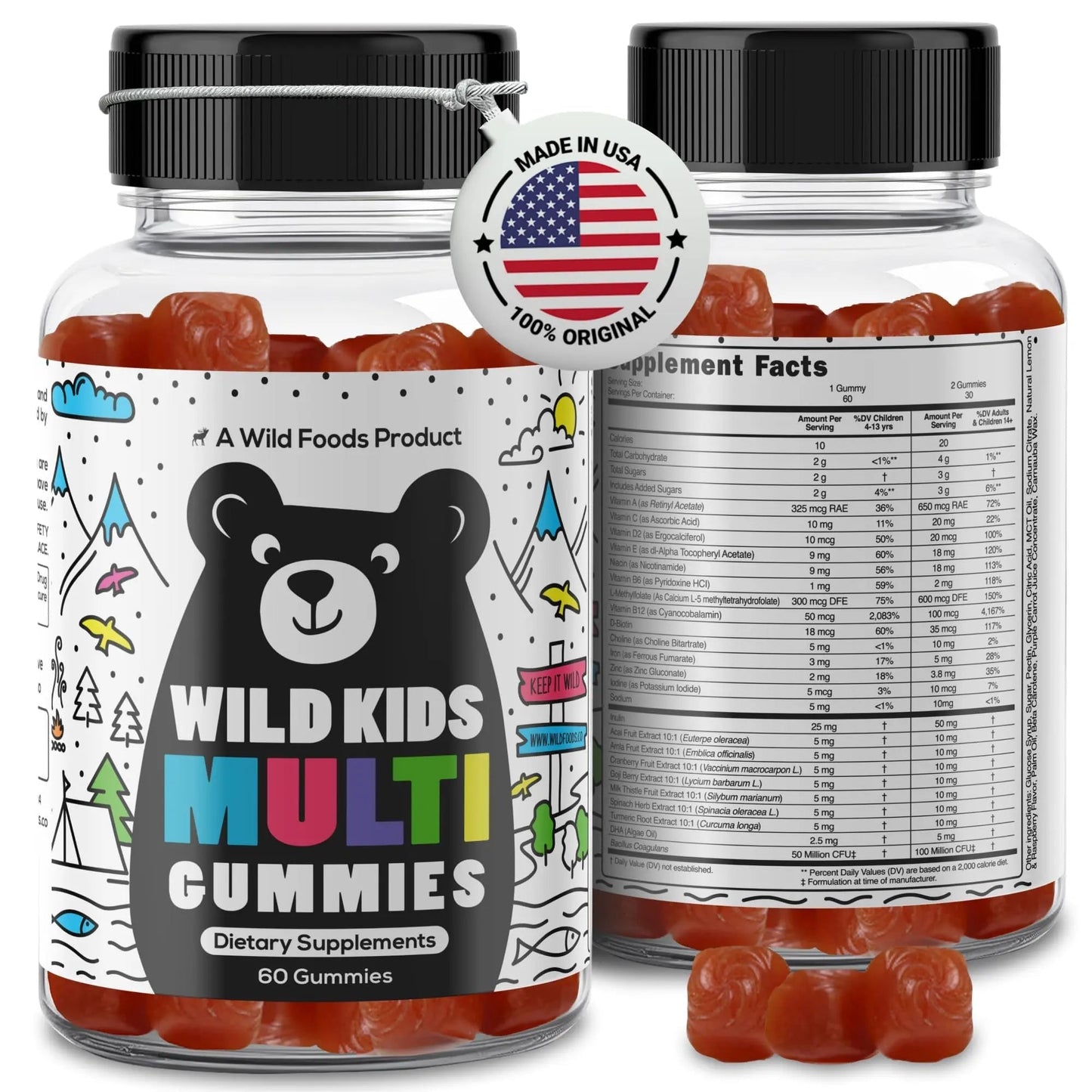Wild Foods Kids Multivitamin Gummies – Natural Skin, Immune & Bones Support with Kids Vitamins A, C, D, E, B12, Iron & DHA Wild Foods