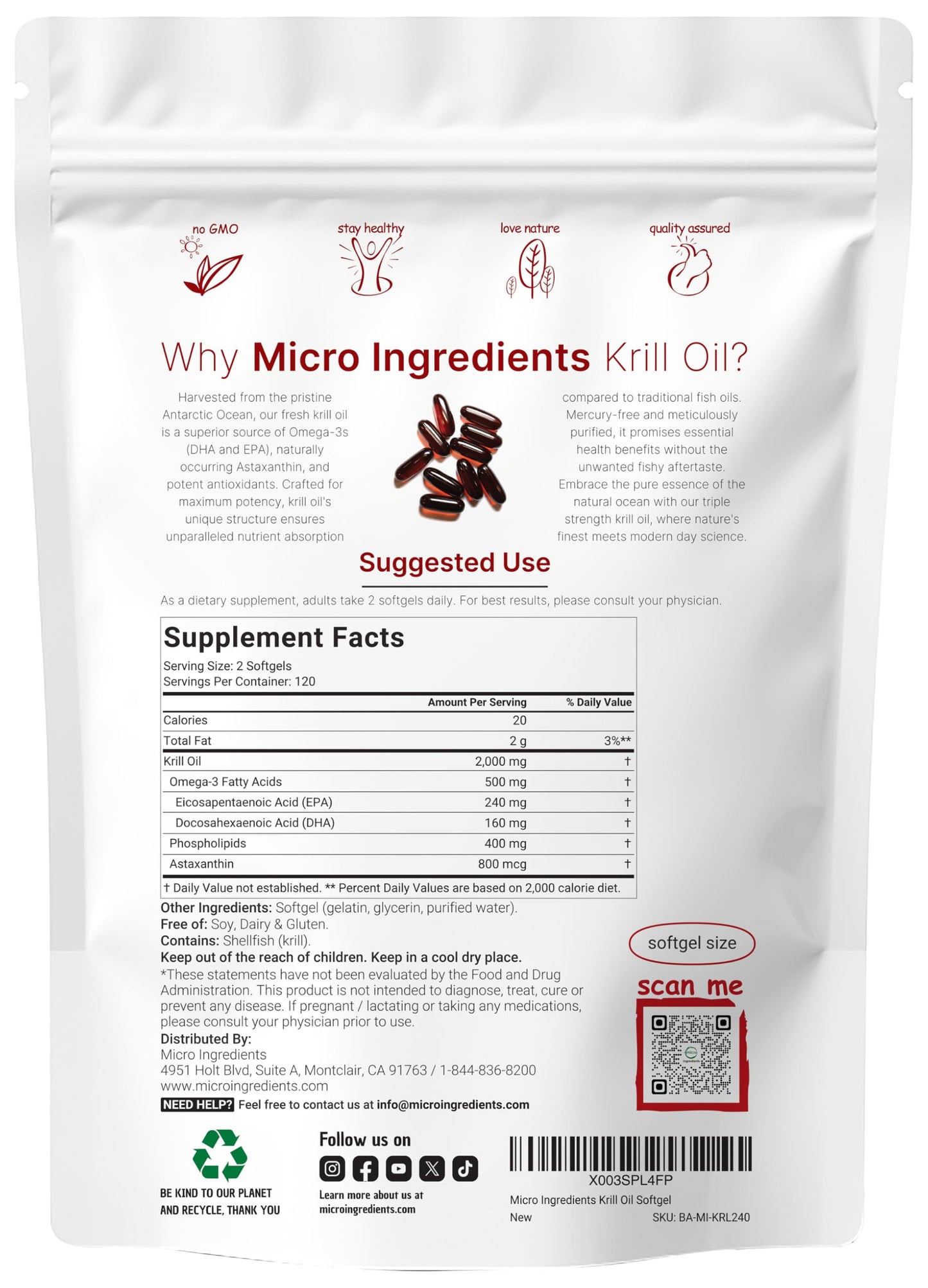 Micro Ingredients Antarctic Krill Oil Supplement, 2,000mg Per Serving, 240 Softgels, Triple Strength, Rich in Omega-3s EPA, DHA & Natural Astaxanthin